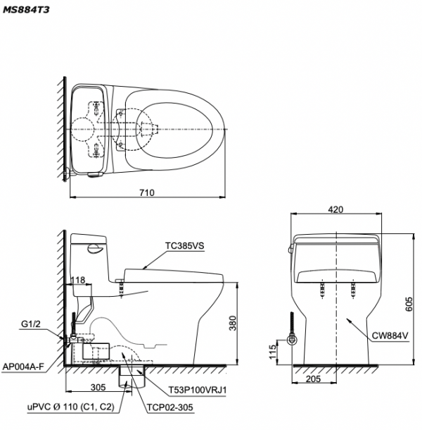 Bản vẽ kĩ thuật Bồn cầu 1 khối TOTO MS884T3 nắp êm TC385VS