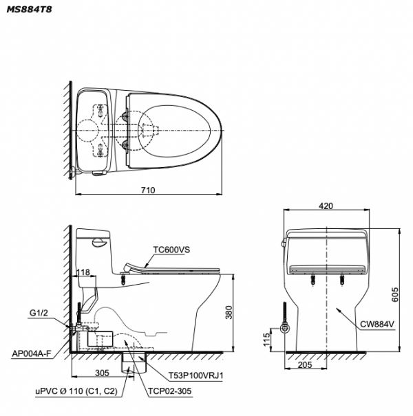 Bản vẽ kĩ thuật Bồn cầu 1 khối TOTO MS884T8 nắp êm TC600VS