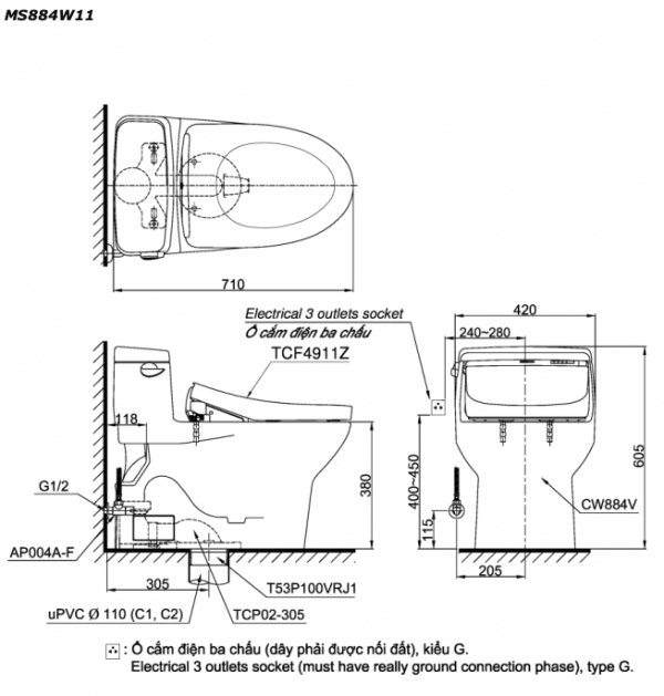 Bản vẽ kĩ thuật Bồn cầu 1 khối TOTO MS884W11 nắp rửa điện tử TCF4911Z