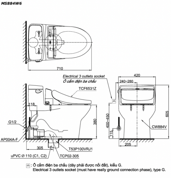 Bản vẽ kĩ thuật Bồn cầu 1 khối TOTO MS884W6 nắp rửa điện tử TCF6531Z