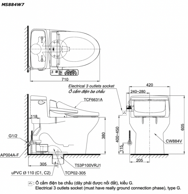 Bản vẽ kĩ thuật Bồn cầu 1 khối TOTO MS884W7 nắp rửa điện tử TCF6631A