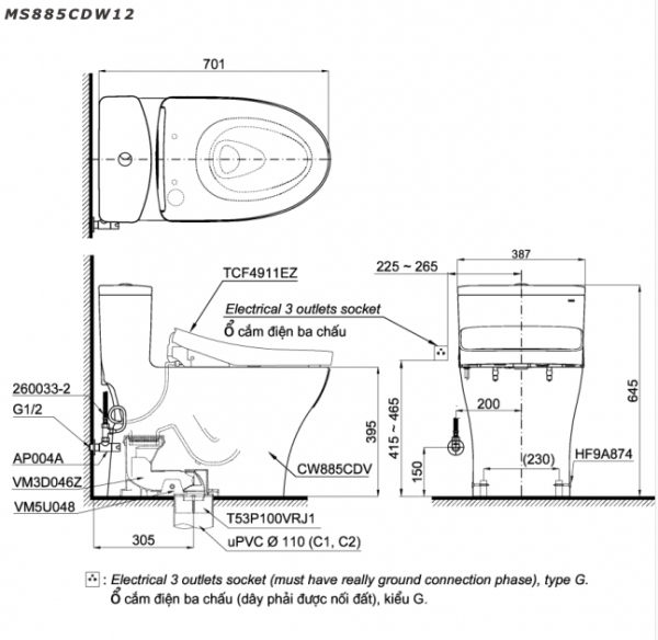 Bản vẽ kĩ thuật Bồn cầu 1 khối TOTO MS885CDW12 nắp rửa điện tử TCF4911EZ