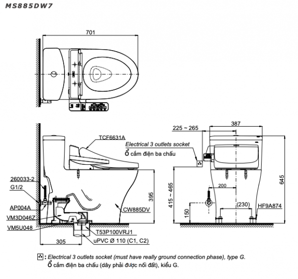 Bản vẽ kĩ thuật Bồn cầu 1 khối TOTO MS885CDW17 nắp rửa điện tử TCF23460AAA