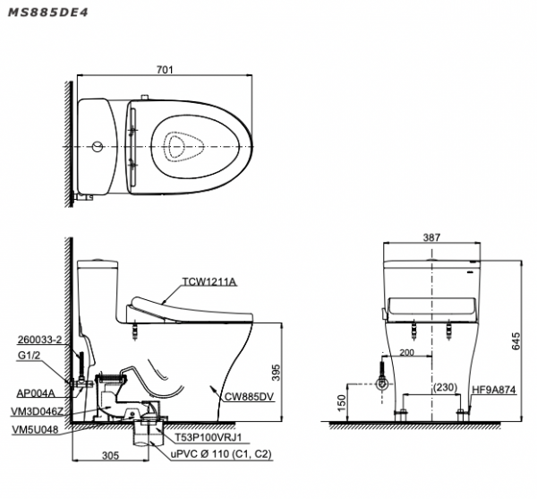 Bản vẽ kĩ thuật Bồn cầu 1 khối TOTO MS885DE4 nắp rửa cơ TCW1211A