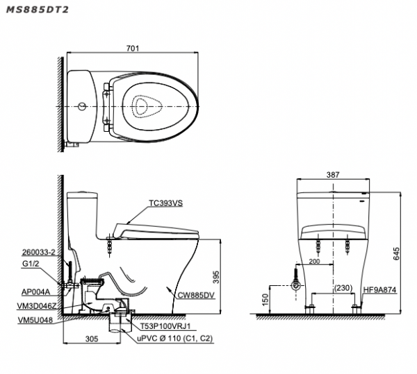 Bản vẽ kĩ thuật Bồn cầu 1 khối TOTO MS885DT2 nắp êm TC393VS