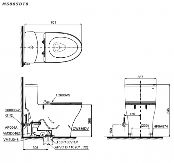 Bản vẽ kĩ thuật Bồn cầu 1 khối TOTO MS885DT8 nắp êm TC600VS