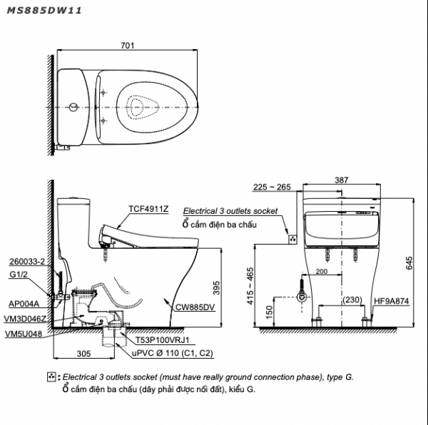 Bản vẽ kĩ thuật Bồn cầu 1 khối TOTO MS885DW11 nắp rửa điện tử TCF4911Z