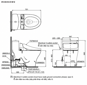 Bản vẽ kĩ thuật Bồn cầu 1 khối TOTO MS885DW6 nắp rửa điện tử TCF6531Z