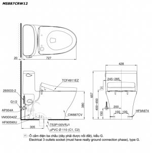Bản vẽ kĩ thuật Bồn cầu 1 khối TOTO MS887CRW12 nắp rửa điện tử TCF4911EZ