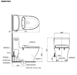 Bản vẽ kĩ thuật Bồn cầu 1 khối TOTO MS887RE2 nắp rửa cơ TCW07S