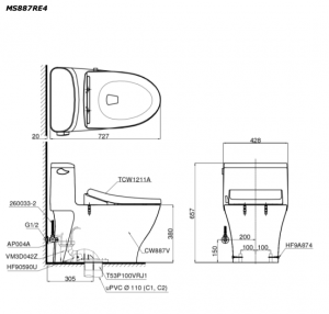 Bản vẽ kĩ thuật Bồn cầu 1 khối TOTO MS887RE4 nắp rửa cơ TCW1211A