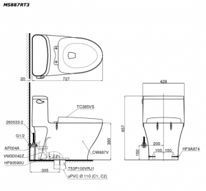 Bản vẽ kĩ thuật Bồn cầu 1 khối TOTO MS887RT3 nắp êm TC385VS