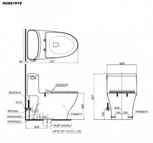 Bản vẽ kĩ thuật Bồn cầu 1 khối TOTO MS887RT8 nắp êm TC600VS