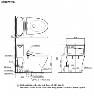 Bản vẽ kĩ thuật Bồn cầu 1 khối TOTO MS887RW11 nắp rửa điện tử TCF4911Z