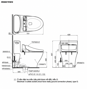 Bản vẽ kĩ thuật Bồn cầu 1 khối TOTO MS887RW6 nắp rửa điện tử TCF6531Z