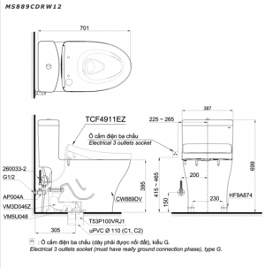 Bản vẽ kĩ thuật Bồn cầu 1 khối TOTO MS889CDRW12 nắp rửa điện tử TCF4911EZ