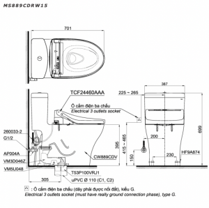 Bản vẽ kĩ thuật Bồn cầu 1 khối TOTO MS889CDRW15 nắp rửa điện tử TCF24460AAA