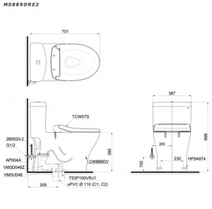 Bản vẽ kĩ thuật Bồn cầu 1 khối TOTO MS889DRE2 nắp rửa cơ TCW07S