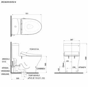 Bản vẽ kĩ thuật Bồn cầu 1 khối TOTO MS889DRE4 nắp rửa cơ TCW1211A