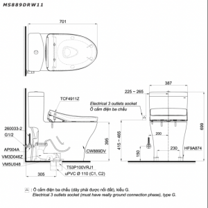 Bản vẽ kĩ thuật Bồn cầu 1 khối TOTO MS889DRW11 nắp rửa điện tử TCF4911Z