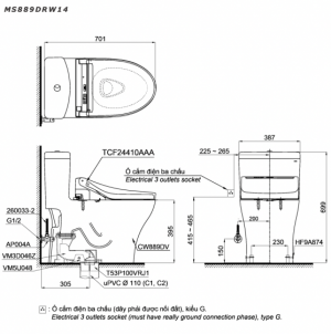 Bản vẽ kĩ thuật Bồn cầu 1 khối TOTO MS889DRW14 nắp rửa điện tử TCF24410AAA