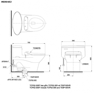 TOTO MS904E2 - Bồn cầu thông minh nắp rửa cơ TCW07S 7 Bản vẽ kĩ thuật Bồn cầu 1 khối TOTO MS904E2 nắp rửa cơ TCW07S