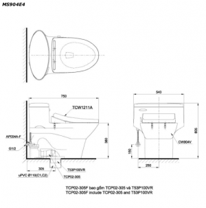 Bản vẽ kĩ thuật Bồn cầu 1 khối TOTO MS904E4 nắp rửa cơ TCW1211A