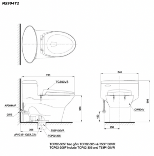 TOTO MS904T2 - Bồn cầu 1 khối nắp êm TC393VS 10 Bản vẽ kĩ thuật Bồn cầu 1 khối TOTO MS904T2 nắp êm TC393VS
