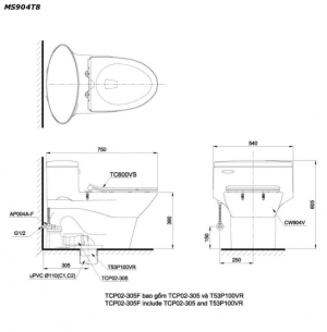TOTO MS904T8 - Bồn cầu 1 khối nắp êm TC600VS 7 Bản vẽ kĩ thuật Bồn cầu 1 khối TOTO MS904T8 nắp êm TC600VS