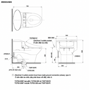 Bản vẽ kĩ thuật Bồn cầu 1 khối TOTO MS904W6 nắp rửa điện tử TCF6531Z