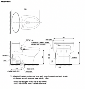 Bản vẽ kĩ thuật Bồn cầu 1 khối TOTO MS904W7 nắp rửa điện tử TCF6631A