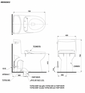 Bản vẽ kĩ thuật Bồn cầu 1 khối TOTO MS905E2 nắp rửa cơ TCW07S