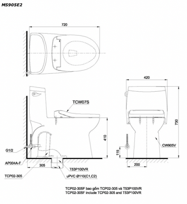 Bản vẽ kĩ thuật Bồn cầu 1 khối TOTO MS905E2 nắp rửa cơ TCW07S