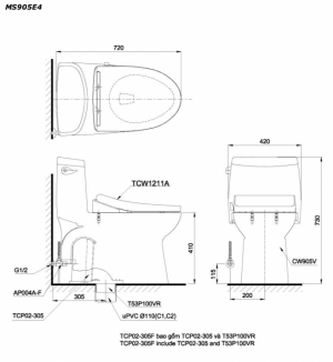 Bản vẽ kĩ thuật Bồn cầu 1 khối TOTO MS905E4 nắp rửa cơ TCW1211A