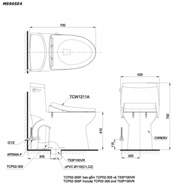 Bản vẽ kĩ thuật Bồn cầu 1 khối TOTO MS905E4 nắp rửa cơ TCW1211A