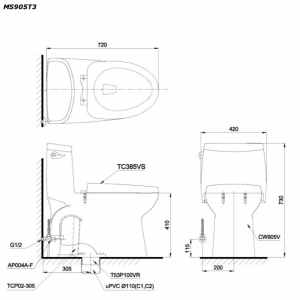 Bản vẽ kĩ thuật Bồn cầu 1 khối TOTO MS905T3 nắp êm TC385VS