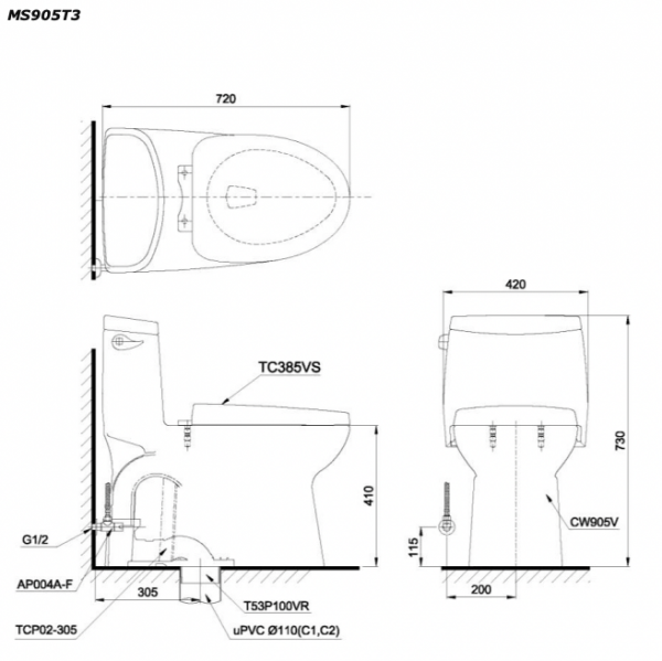 Bản vẽ kĩ thuật Bồn cầu 1 khối TOTO MS905T3 nắp êm TC385VS