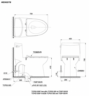 Bản vẽ kĩ thuật Bồn cầu 1 khối TOTO MS905T8 nắp êm TC600VS
