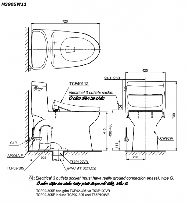 Bản vẽ kĩ thuật Bồn cầu 1 khối TOTO MS905W11 nắp rửa điện tử TCF4911Z