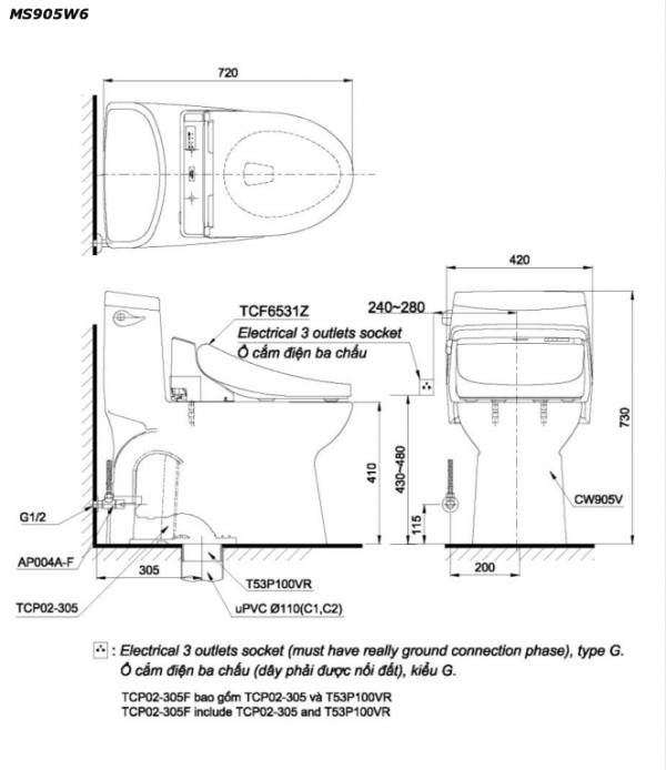 Bản vẽ kĩ thuật Bồn cầu 1 khối TOTO MS905W6 nắp rửa điện tử TCF6531Z