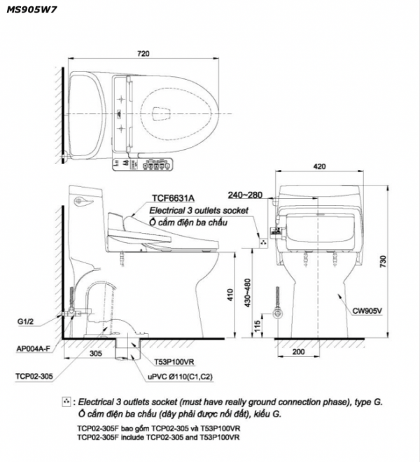 Bản vẽ kĩ thuật Bồn cầu 1 khối TOTO MS905W7 nắp rửa điện tử TCF6631A
