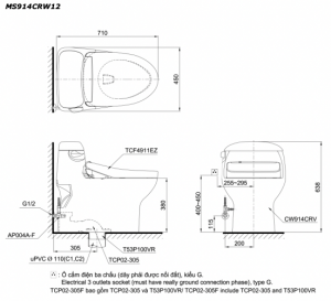 Bản vẽ kĩ thuật Bồn cầu 1 khối TOTO MS914CRW12 nắp rửa điện tử TCF4911EZ
