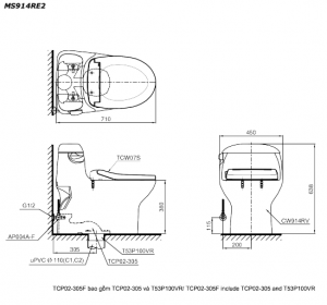TOTO MS914E2 (MS914RE2) - Bồn cầu thông minh nắp rửa cơ TCW07S 12 Bản vẽ kĩ thuật Bồn cầu 1 khối TOTO MS914RE2 nắp rửa cơ TCW07S