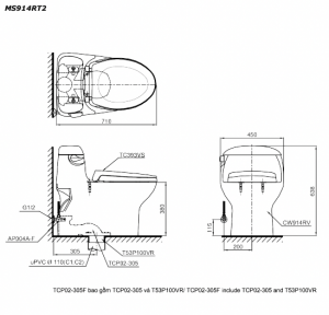 Bản vẽ kĩ thuật Bồn cầu 1 khối TOTO MS914RT2 nắp êm TC393VS