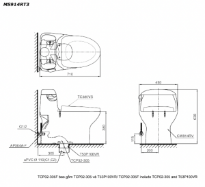 Bản vẽ kĩ thuật Bồn cầu 1 khối TOTO MS914RT3 nắp êm TC385VS