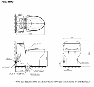 Bản vẽ kĩ thuật Bồn cầu 1 khối TOTO MS914RT8 nắp êm TC600VS