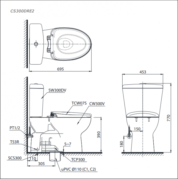 Bản vẽ kĩ thuật Bồn cầu 2 khối TOTO CS300DRE2 nắp rửa cơ TCW07S