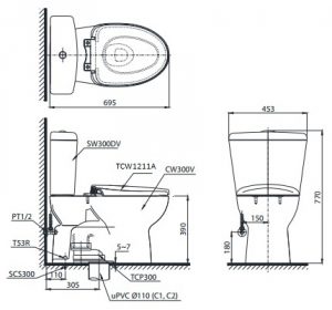 Bản vẽ kĩ thuật Bồn cầu 2 khối TOTO CS300DRE4 nắp rửa cơ TCW1211A