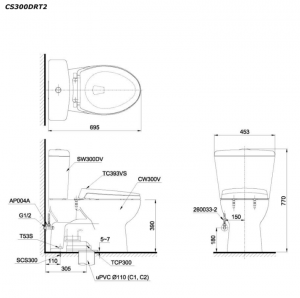 TOTO CS300DRT2 - Bồn cầu 2 khối nắp êm TC393VS 6 Bản vẽ kĩ thuật Bồn cầu 2 khối TOTO CS300DRT2 nắp êm TC393VS