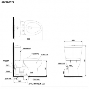 TOTO CS300DRT3 - Bồn cầu 2 khối nắp êm TC385VS 9 Bản vẽ kĩ thuật Bồn cầu 2 khối TOTO CS300DRT3 nắp êm TC385VS